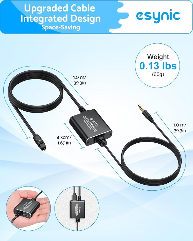 eSynic Portable Optical to 3.5mm Adapter-7 FT Long-192KHz DAC Converter-Metal Shell-Built in DAC Chip-Easy to Setup-For HDTV/Blu-Ray/Gaming Console to 3.5MM Audio Speaker & Headphone-Not Bidirectional - Image 4